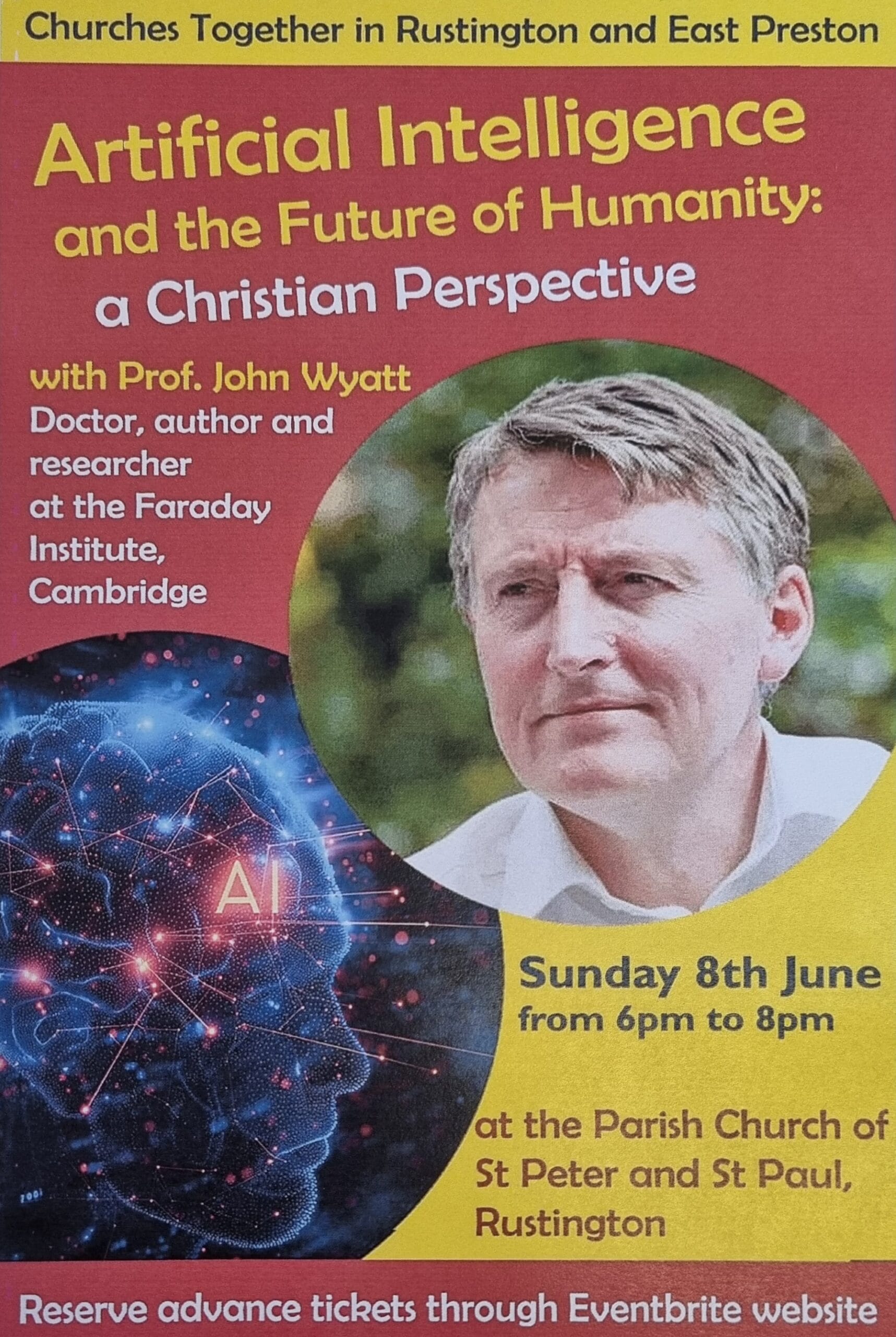 Poster with details of AI from a Christian Perspective Seminar 8th June, 6PM at St Peter and St Paul's Church