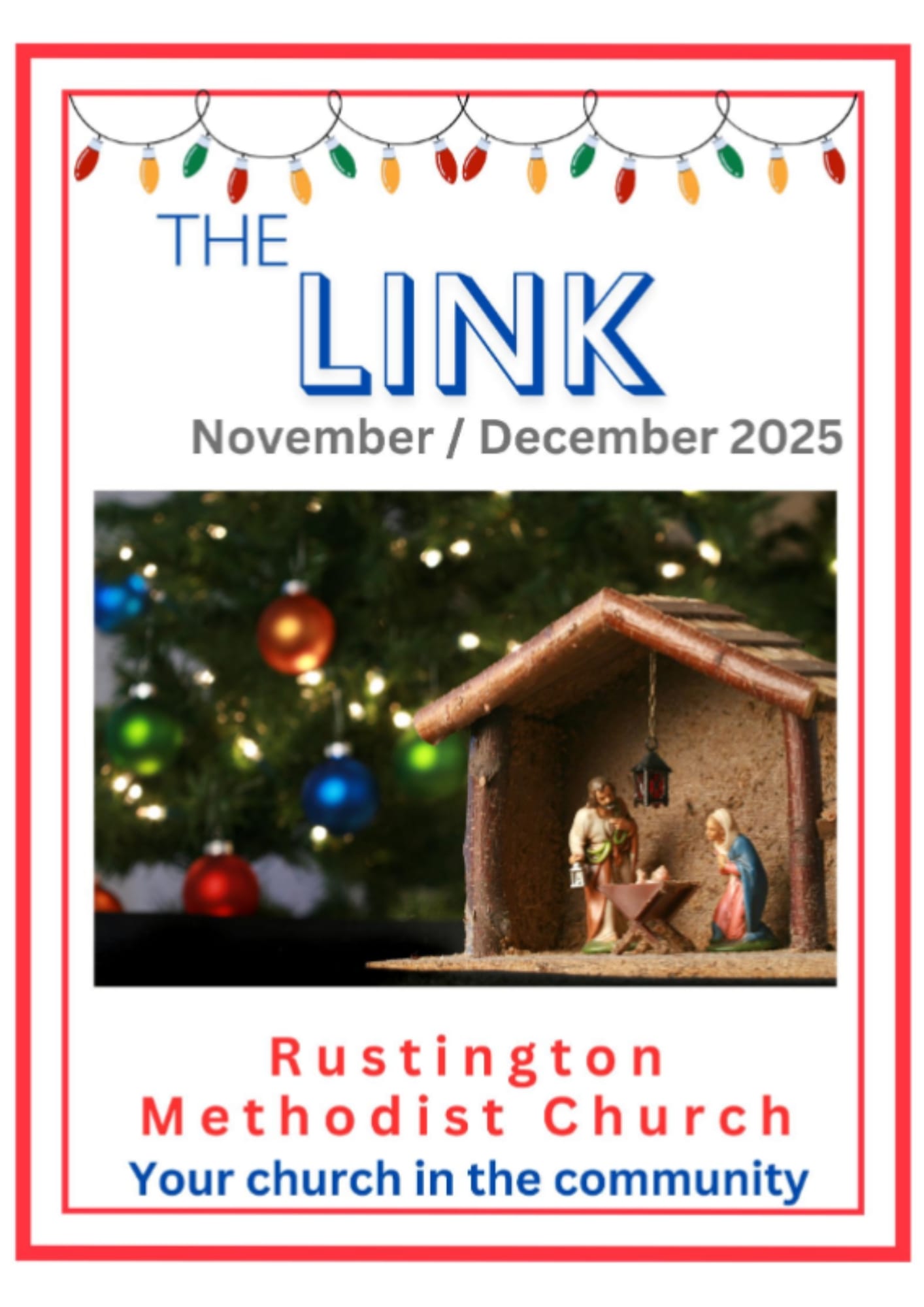The Link Magazine Front Page with a small wooden nativity scene with a christmas tree in the background.