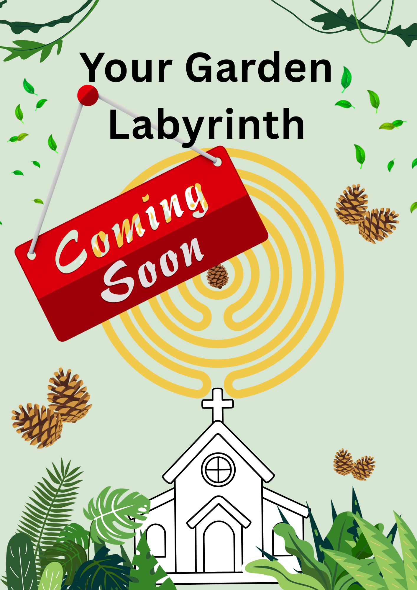 Yellow outline of a labyrinth with a coming soon sign over it.