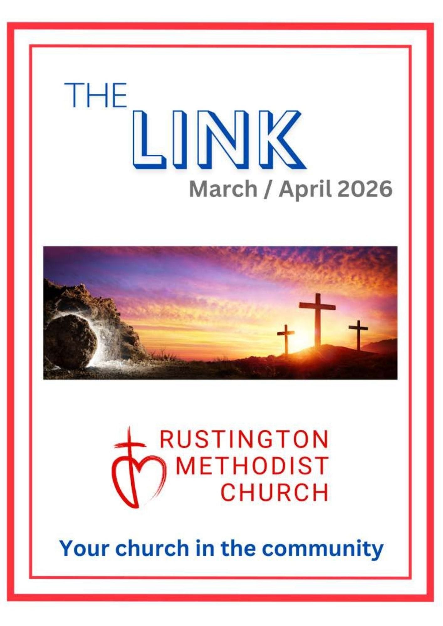 The Link Magazine Front Page with a sunset sky, a round stone in front of a stone tomb on the left and three crosses on the right