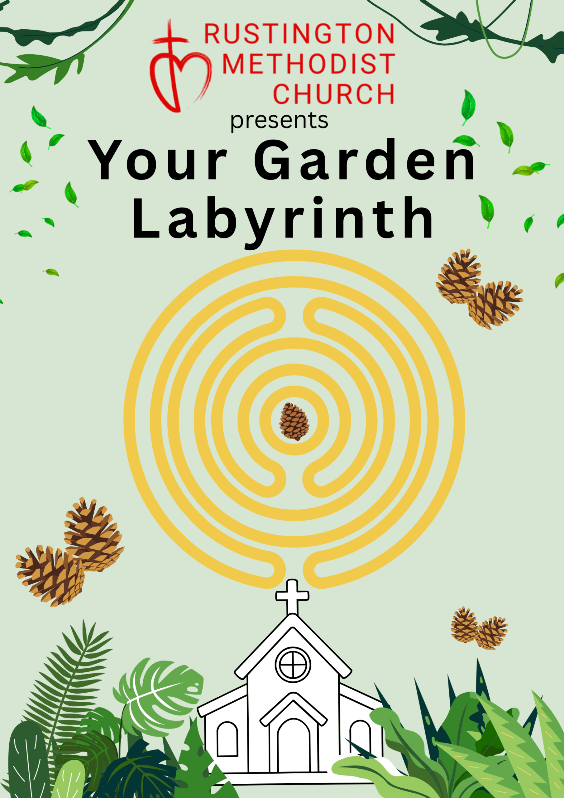 Yellow outline of a labyrinth with a coming soon sign over it.