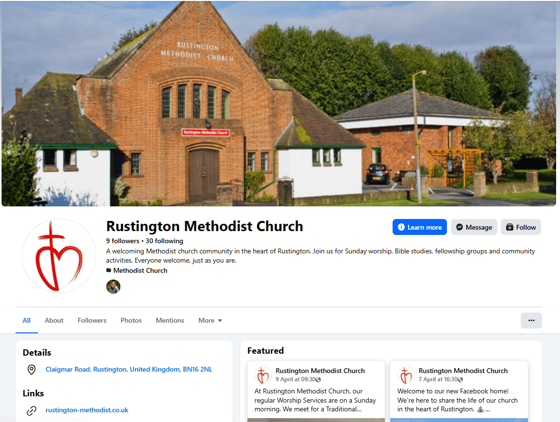 Rustington Methodist Church Facebook Profile with a photo of the church as a banner image