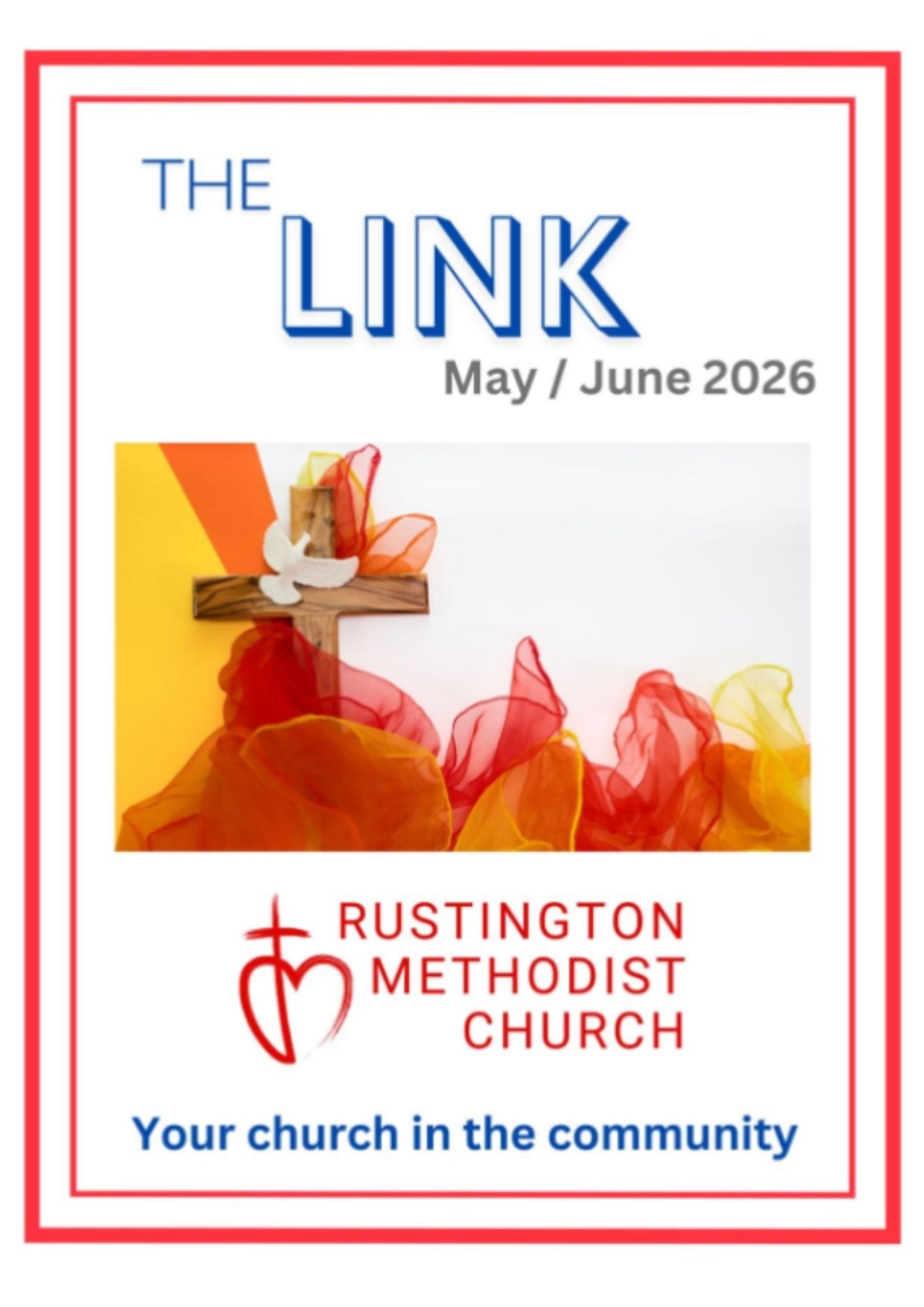 The Link Magazine Front Page with a sunset sky, a round stone in front of a stone tomb on the left and three crosses on the right