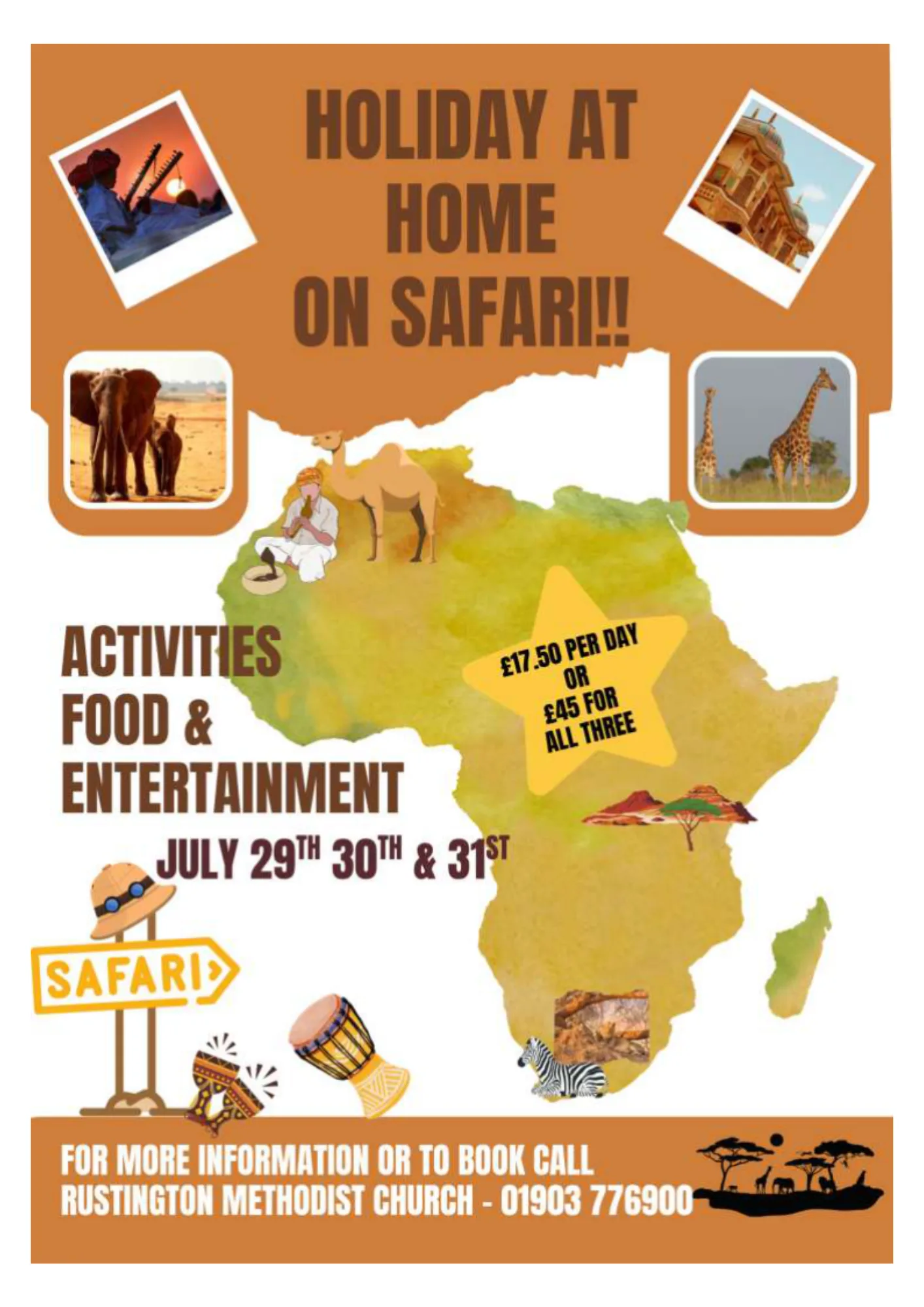 Flyer promoting a "Holiday at Home on Safari" event featuring activities, food, and entertainment on July 29th, 30th, and 31st. The design includes a map of Africa with safari animal images, pricing details (£17.50 per day or £45 for all three days), and contact information for Rustington Methodist Church.
