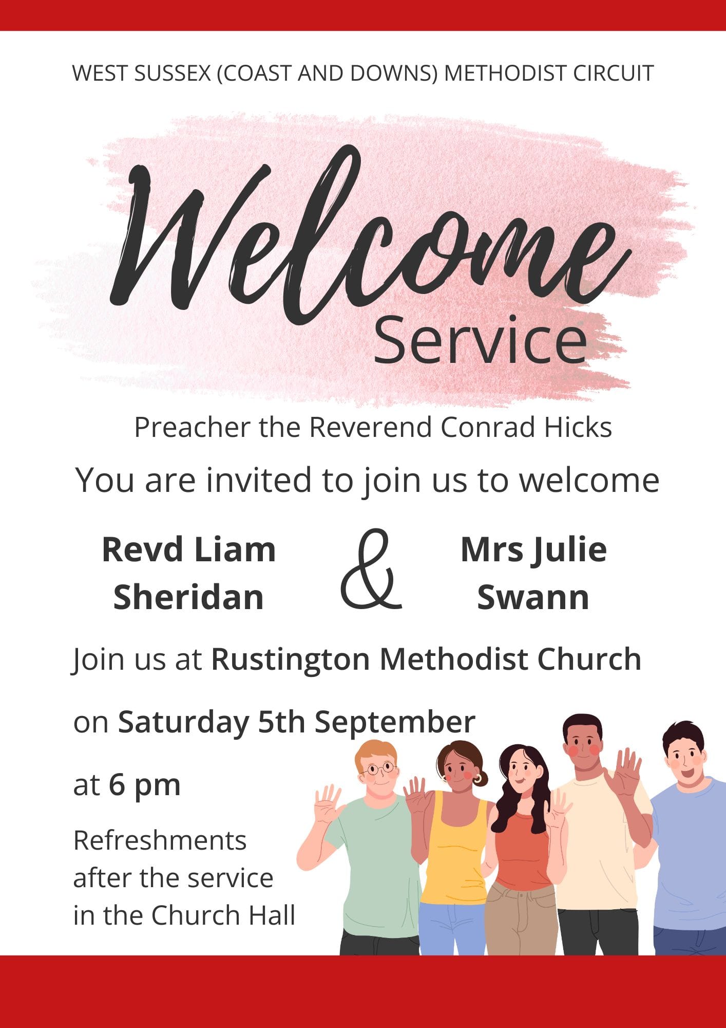Flyer announcing a welcome service for Revd Liam Sheridan and Mrs. Julie Swann at Rustington Methodist Church on Saturday, September 5th at 6 pm, with Reverend Conrad Hicks preaching. The design features a pink brushstroke background behind the word "Welcome," bold black text for key details, and an illustration of five diverse people waving at the bottom.